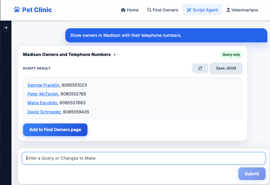 A generated PetClinic query showing owners in Madison and their telephone numbers